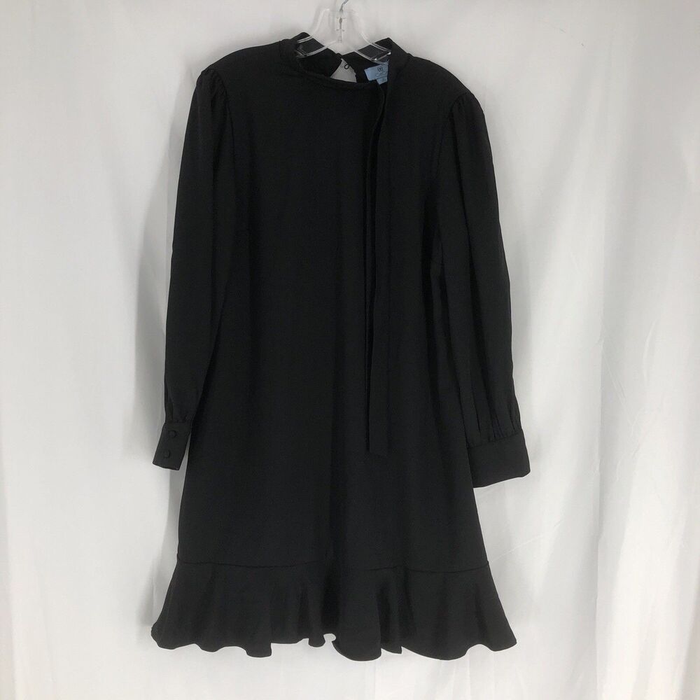 CeCe Black Chiffon Long Blouson Sleeve Tie Neck Ruffle Hem Lined Dress Size 14